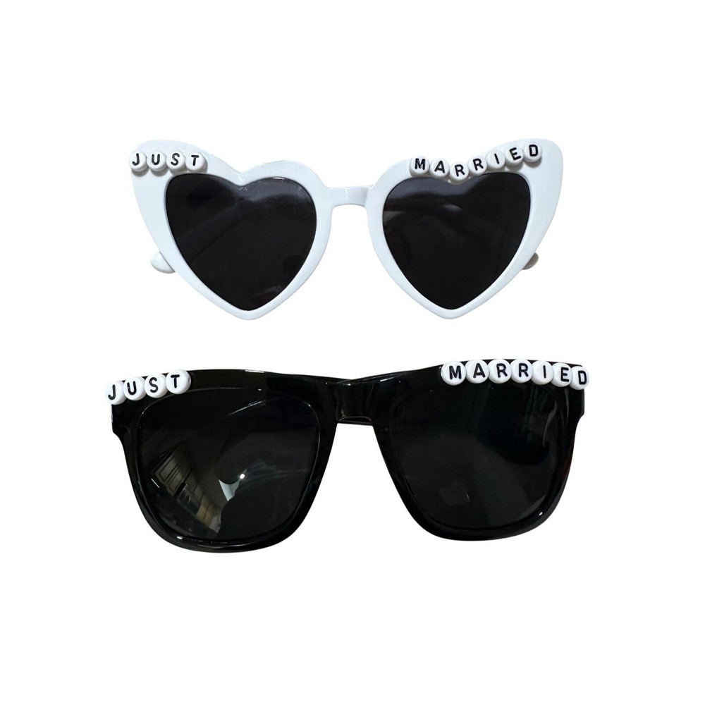 Just Married Sunglasses Set 2 Pairs White Heart Black Wayfarer Wedding Props